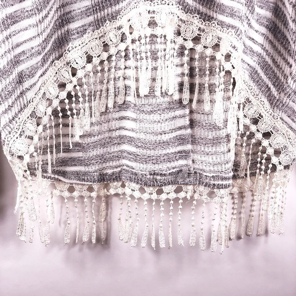 POOF Gray White Striped Lightweight Hooded Fringe Pullover Cover Up Small